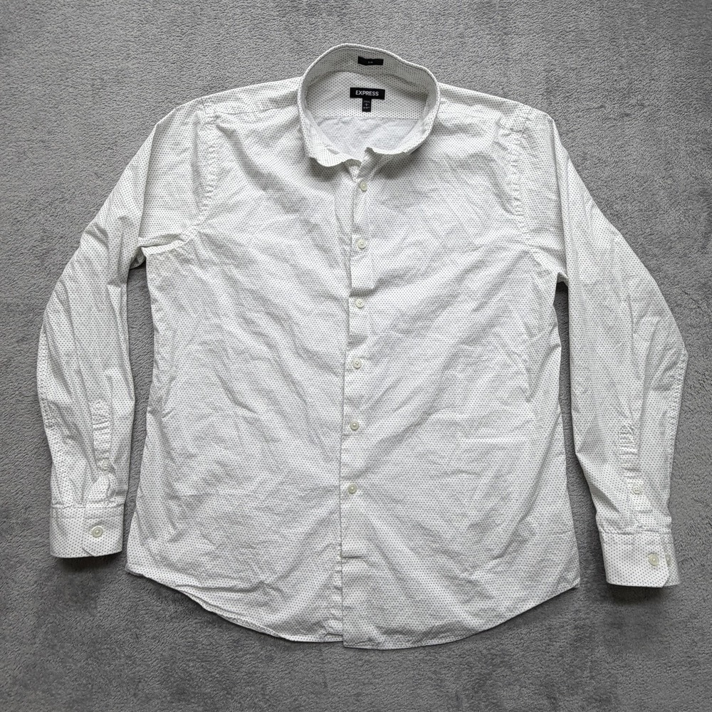 Express Shirt‎ Mens 15-15.5 White Micro Dot Long Sleeve Slim Fit Button Down